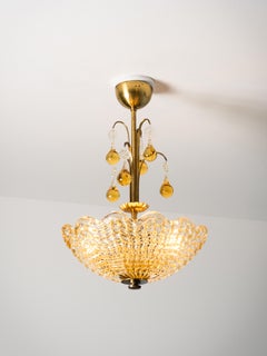 Swedish Modern Glass & Brass Chandelier by Carl Fagerlund for Orrefors