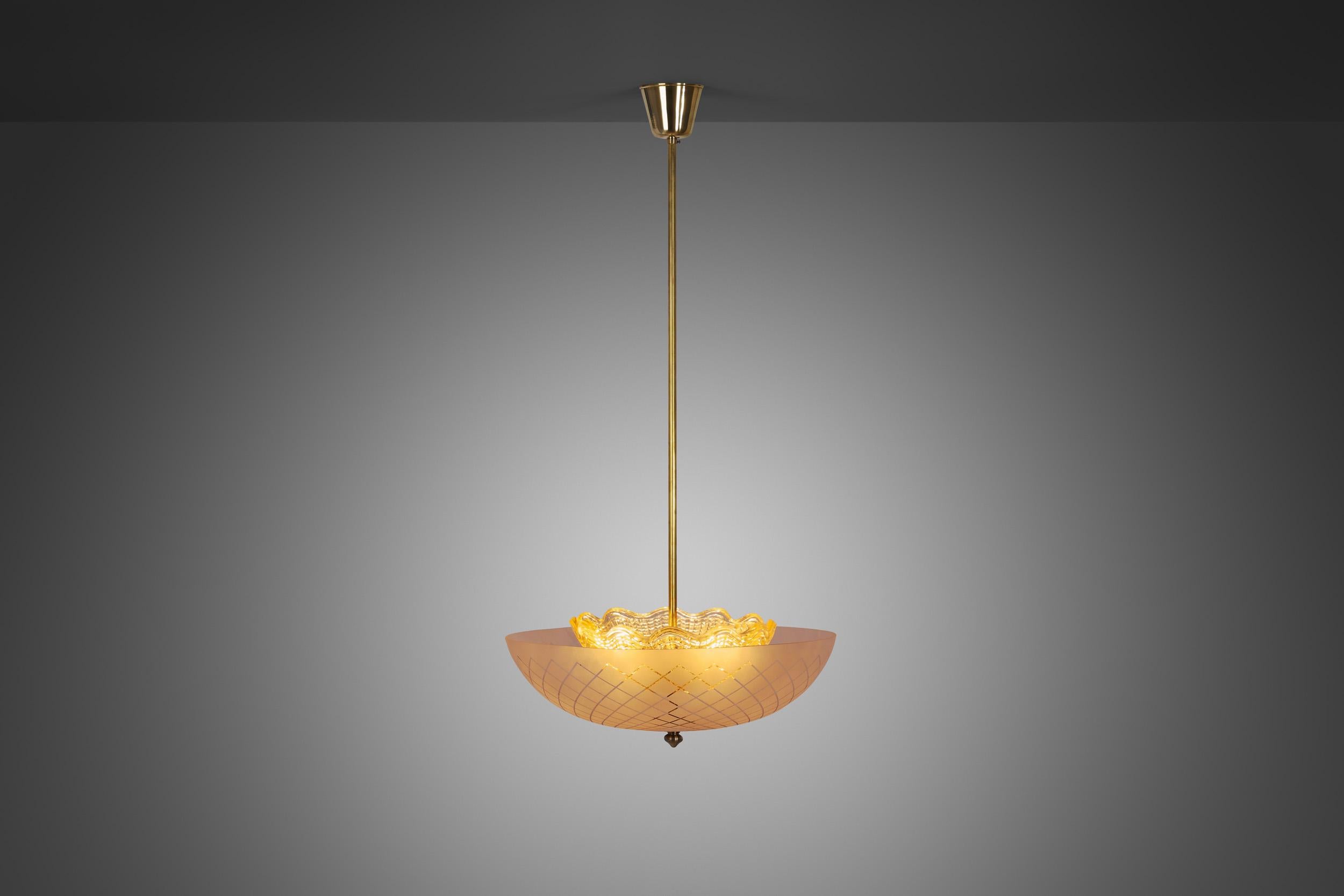 Brass Swedish Modern Glass Ceiling Lamp by Orrefors, Sweden 1930s For Sale