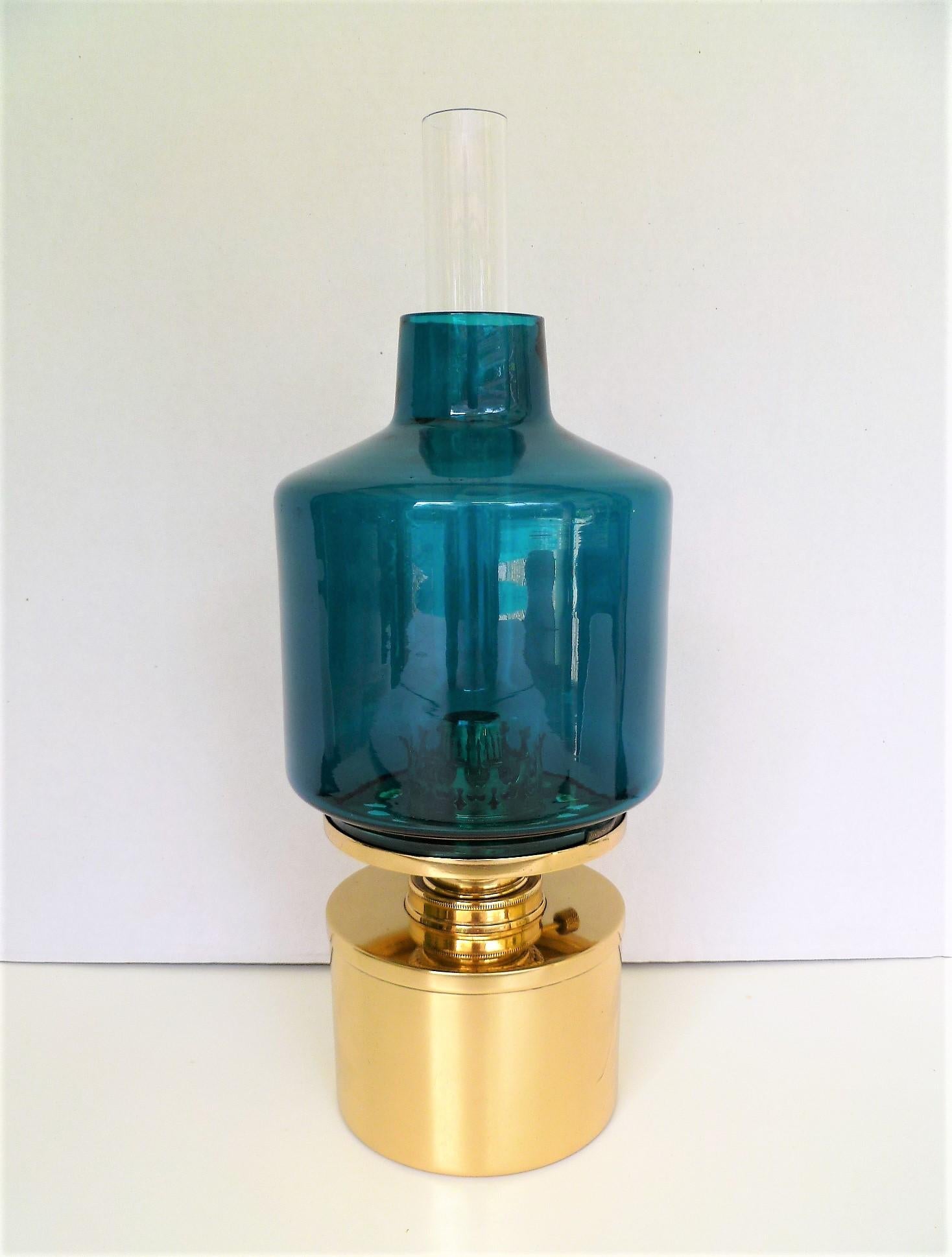 Swedish Modern Hans-Agne Jakobsson AB Markaryd Brass/Blue Glass L-47 Oil Lamp 6