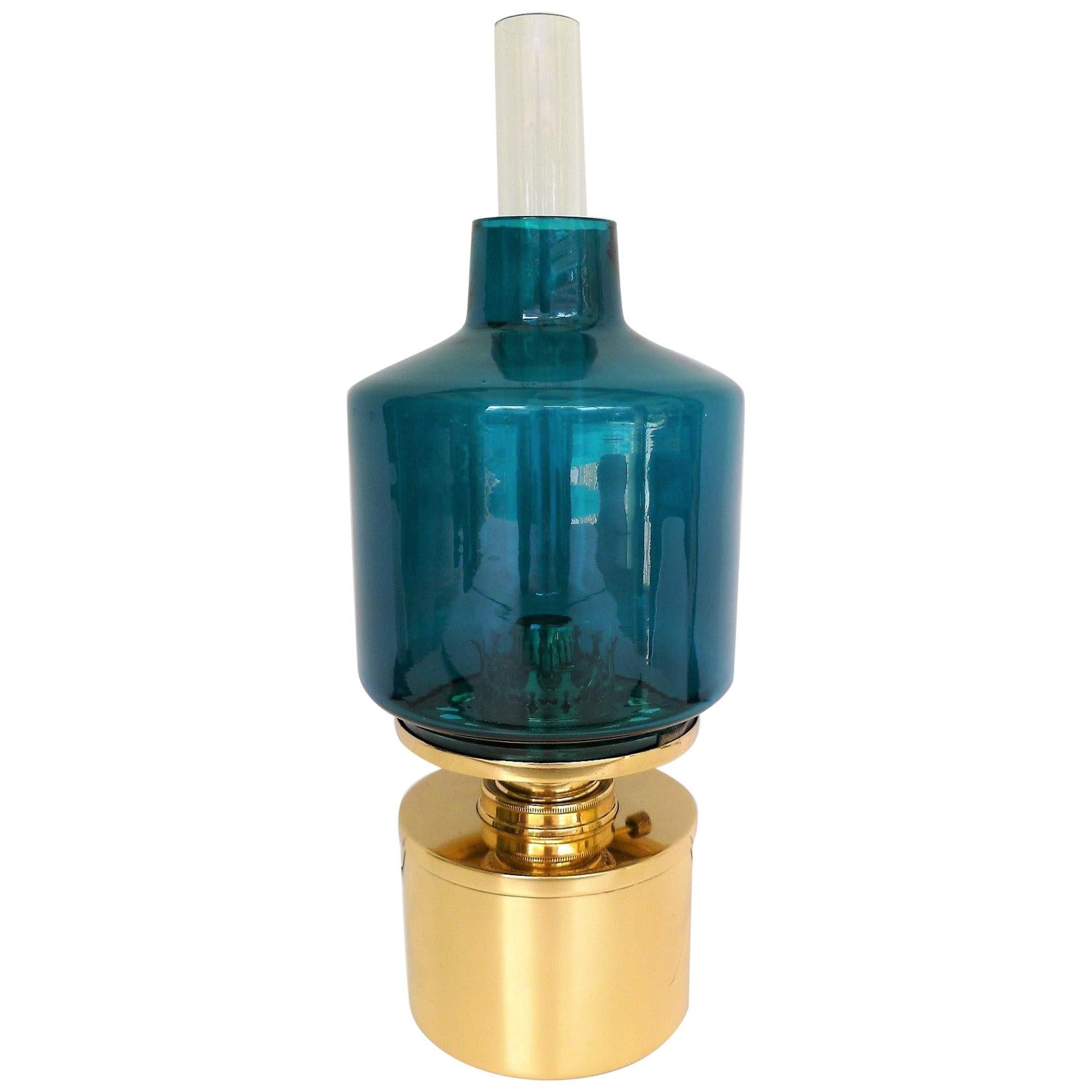 Swedish Modern Hans-Agne Jakobsson AB Markaryd Brass/Blue Glass L-47 Oil Lamp