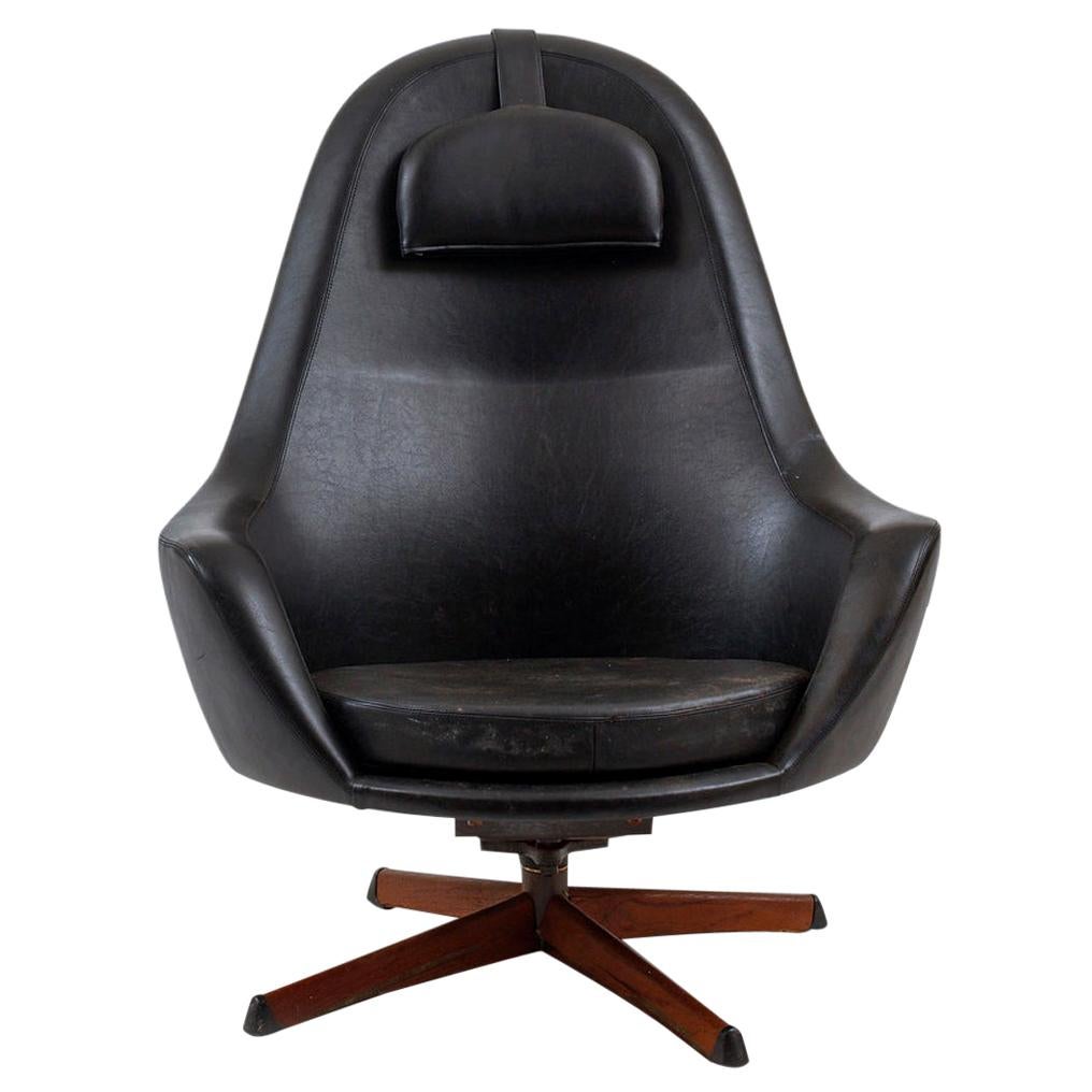 Swedish Modern Highback Swivel Lounge Chair in Black Vinyl