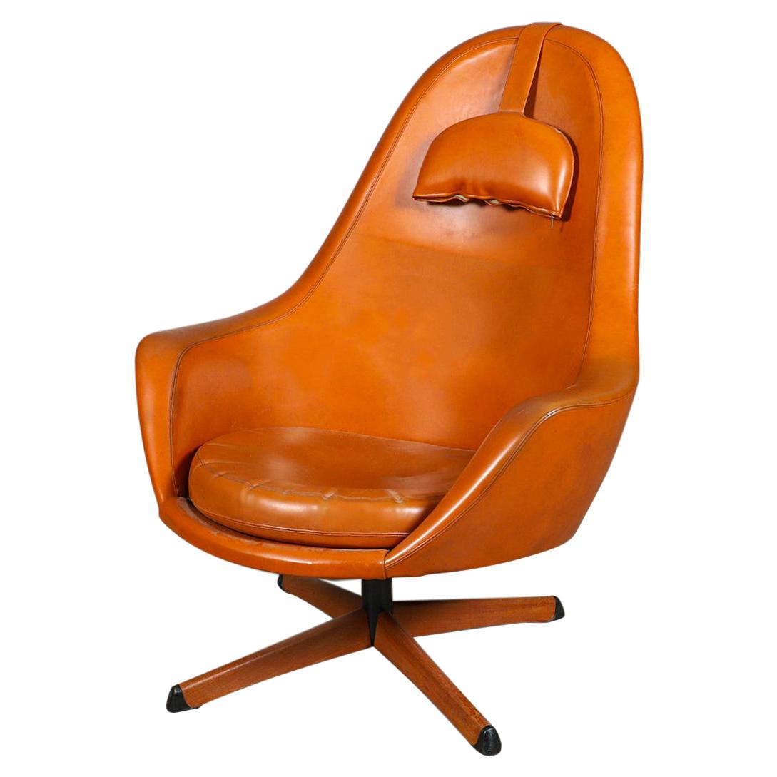 Swedish Modern Highback Swivel Lounge Chair in Orange Vinyl