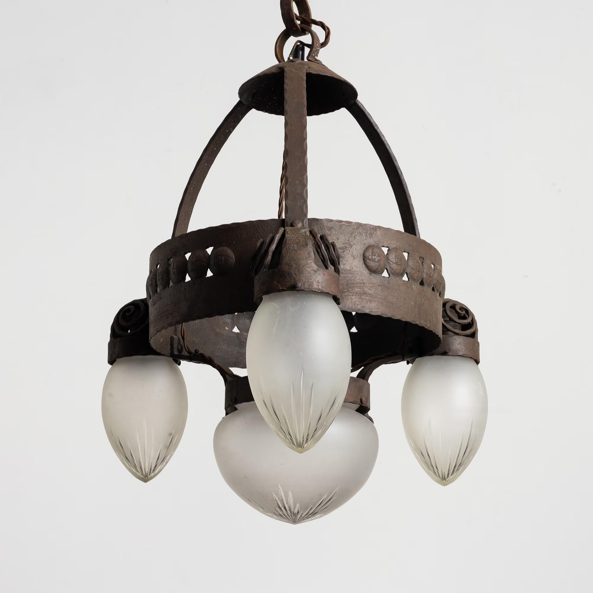 Scandinavian Modern Swedish Modern Iron Glass Ceiling Chandelier Pendant Lamp by Böhlmarks, 1910s For Sale