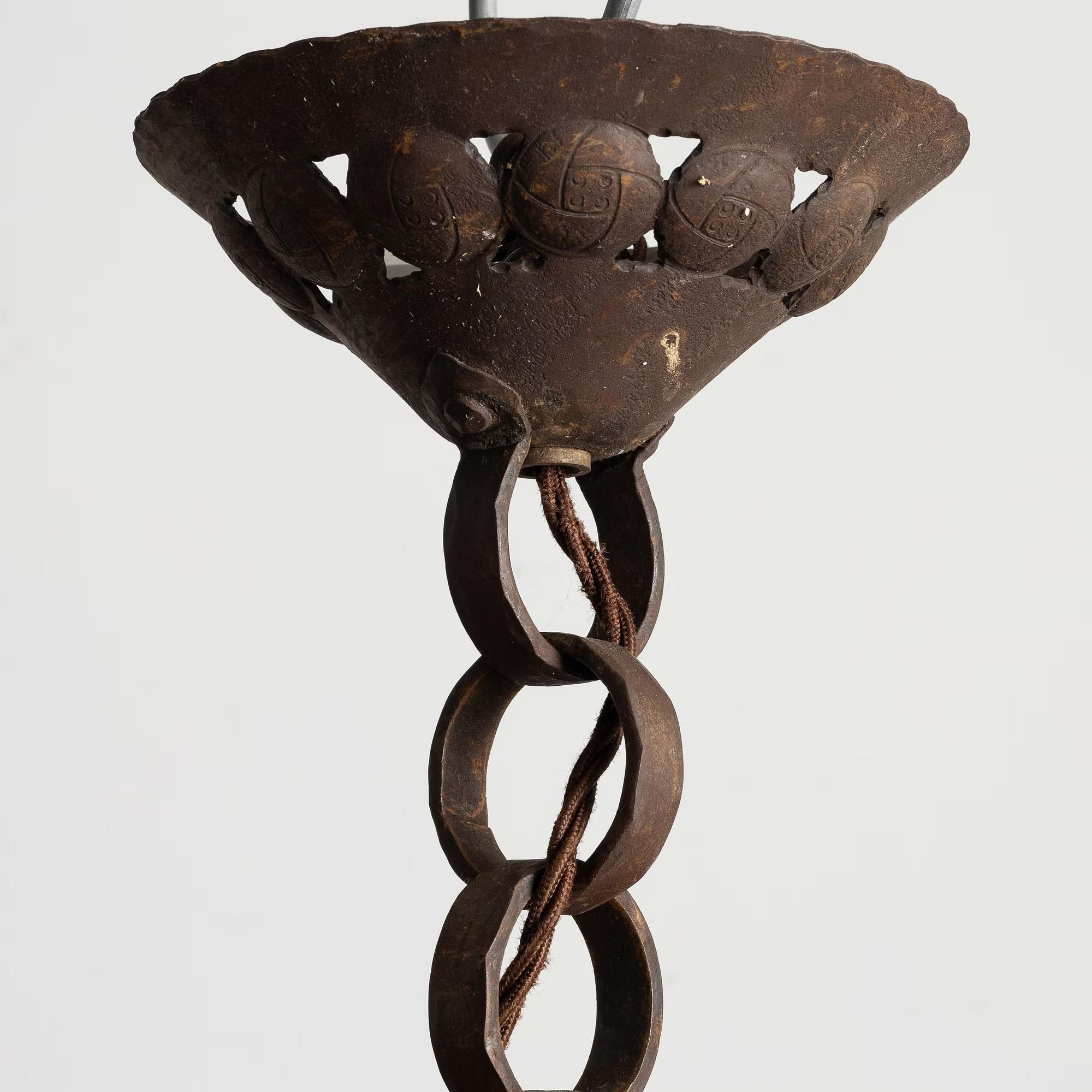Early 20th Century Swedish Modern Iron Glass Ceiling Chandelier Pendant Lamp by Böhlmarks, 1910s For Sale
