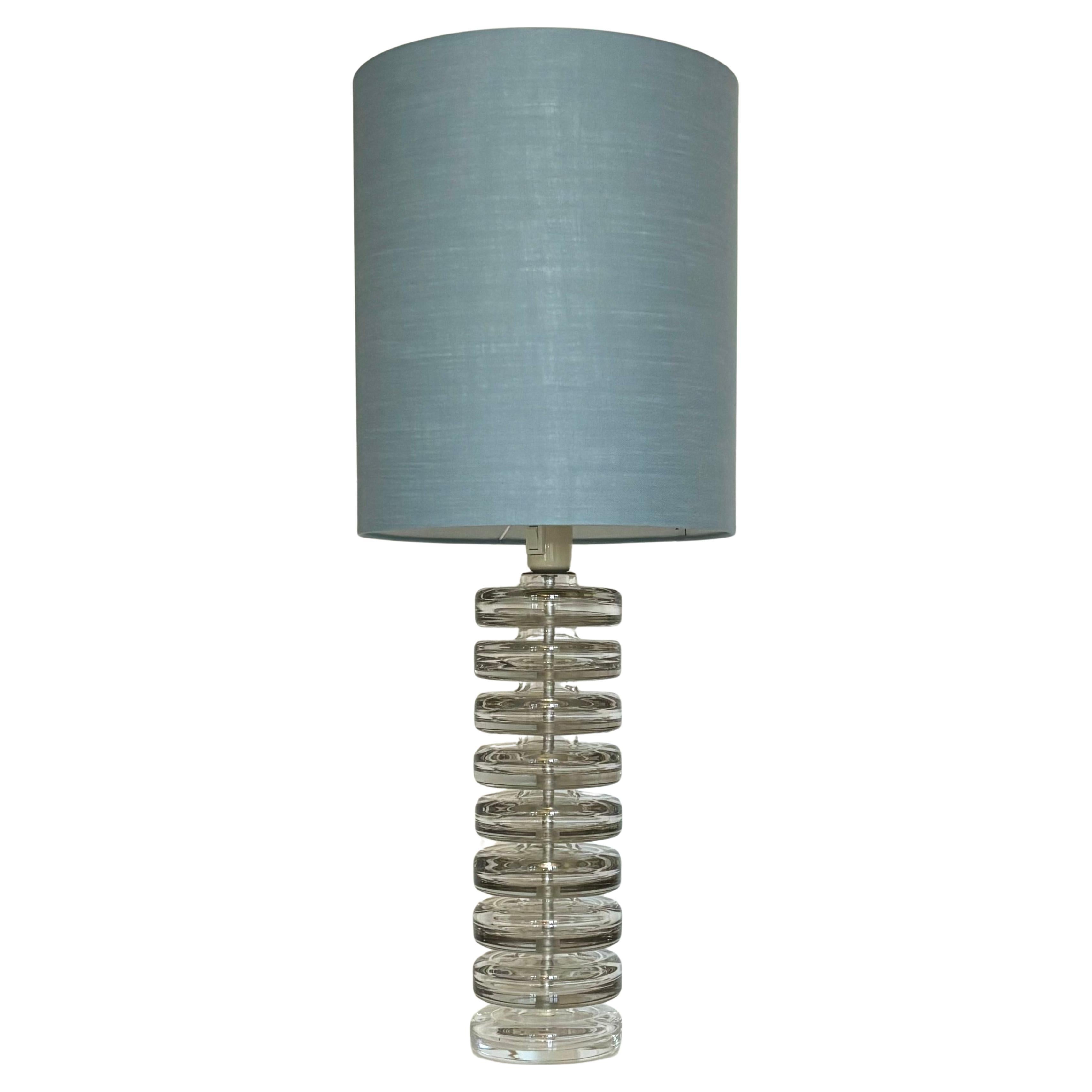 Swedish Modern Kosta Boda Glass Disc, Linen Shade Table Lamp, 1960s