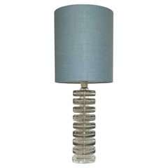 Swedish Modern Kosta Boda Glass Disc, Linen Shade Table Lamp, 1960s