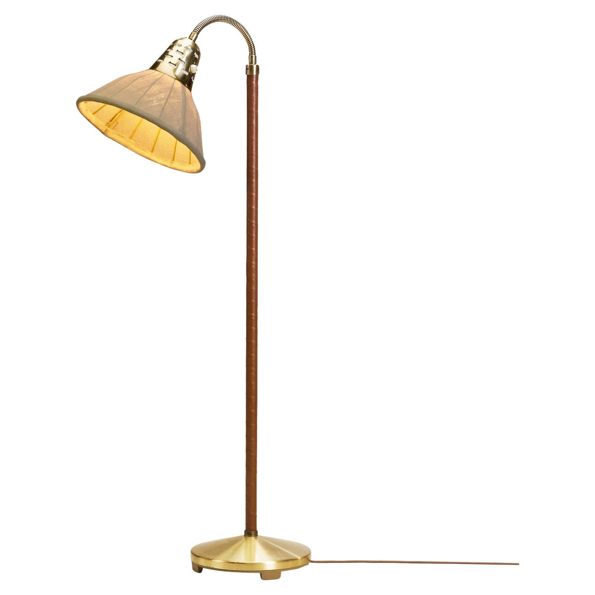 Swedish Modern Leather and Brass Floor Lamp by ASEA, Sweden 1950s