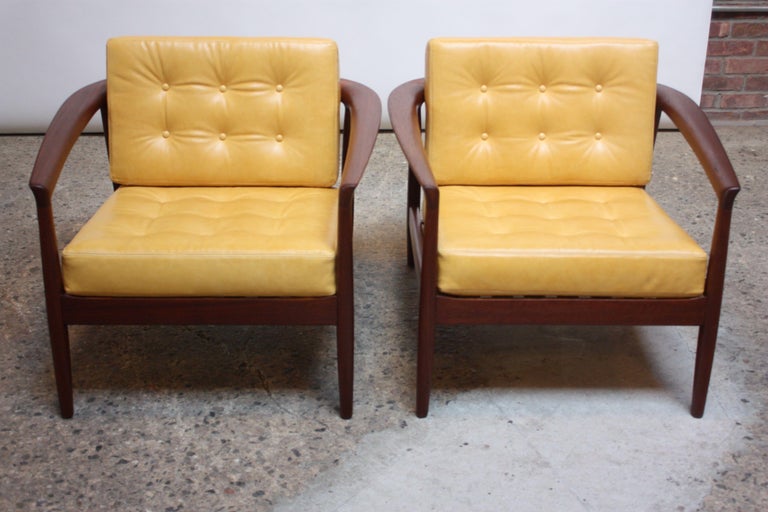 Mid-20th Century Swedish Modern Leather and Teak Lounge Chairs by Folke Ohlsson for DUX For Sale