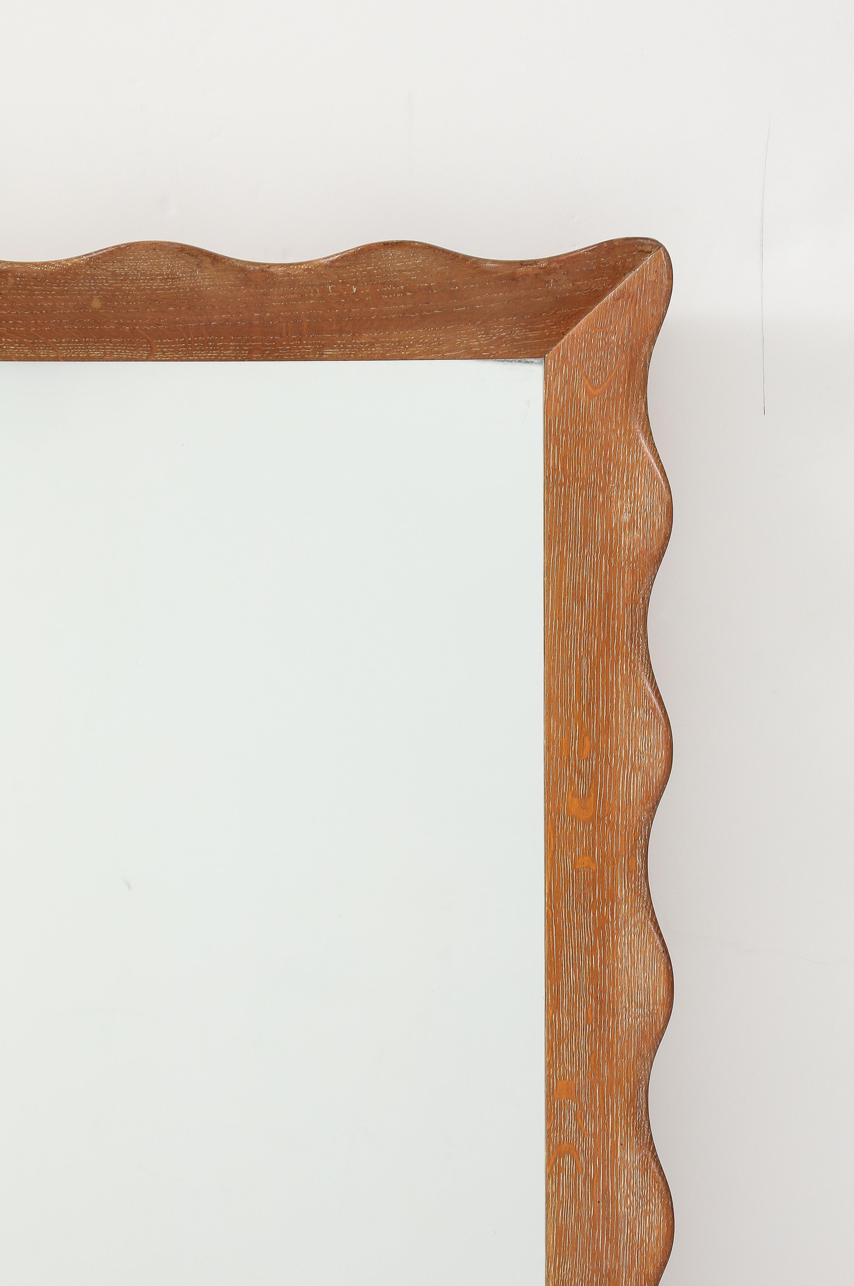 Swedish Modern Limed Oak Mirror, Scalloped Frame, Sweden, 1940's In Good Condition For Sale In Brooklyn, NY