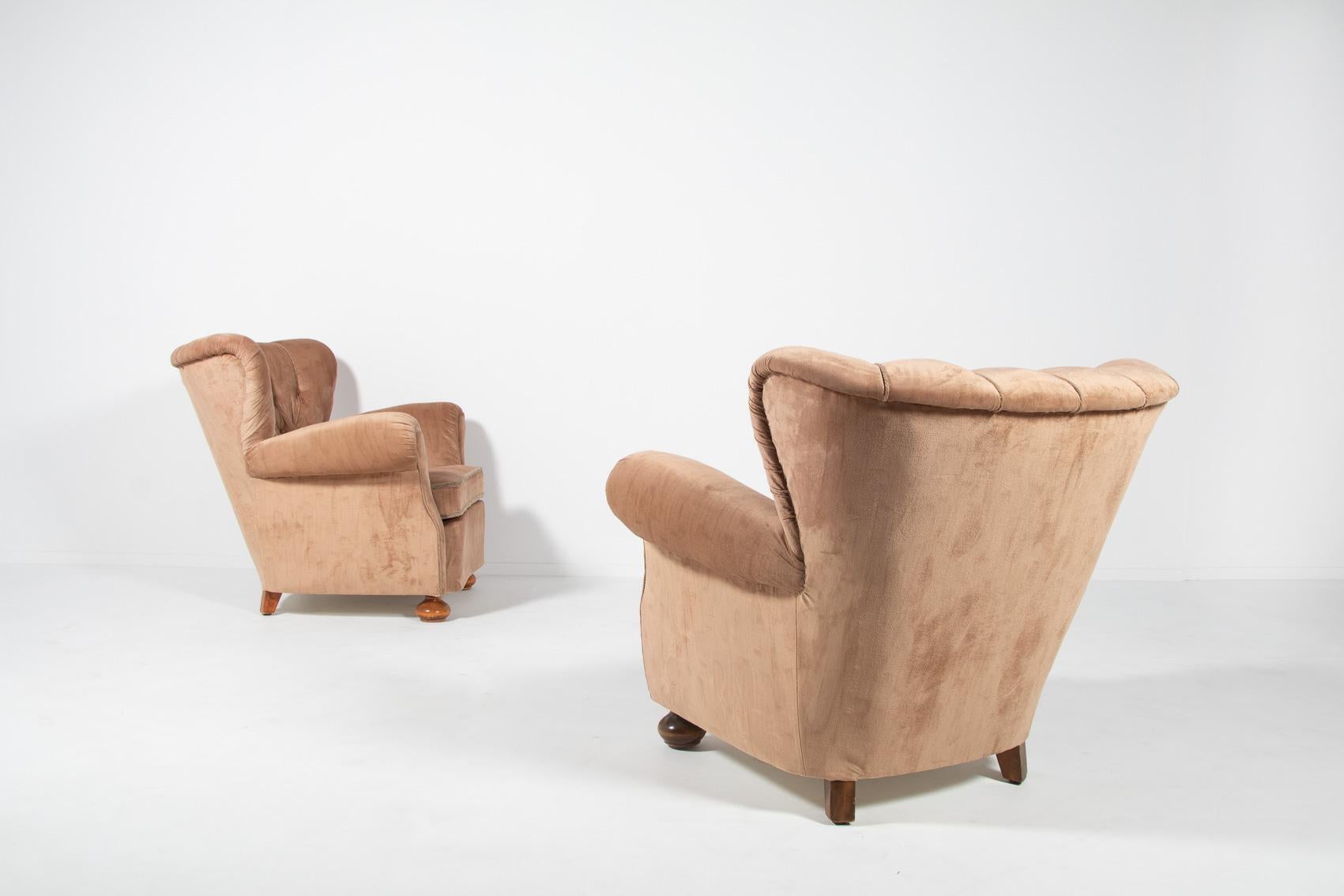 Swedish Modern lounge armchairs in velvet upholstery, 1950’s For Sale 3