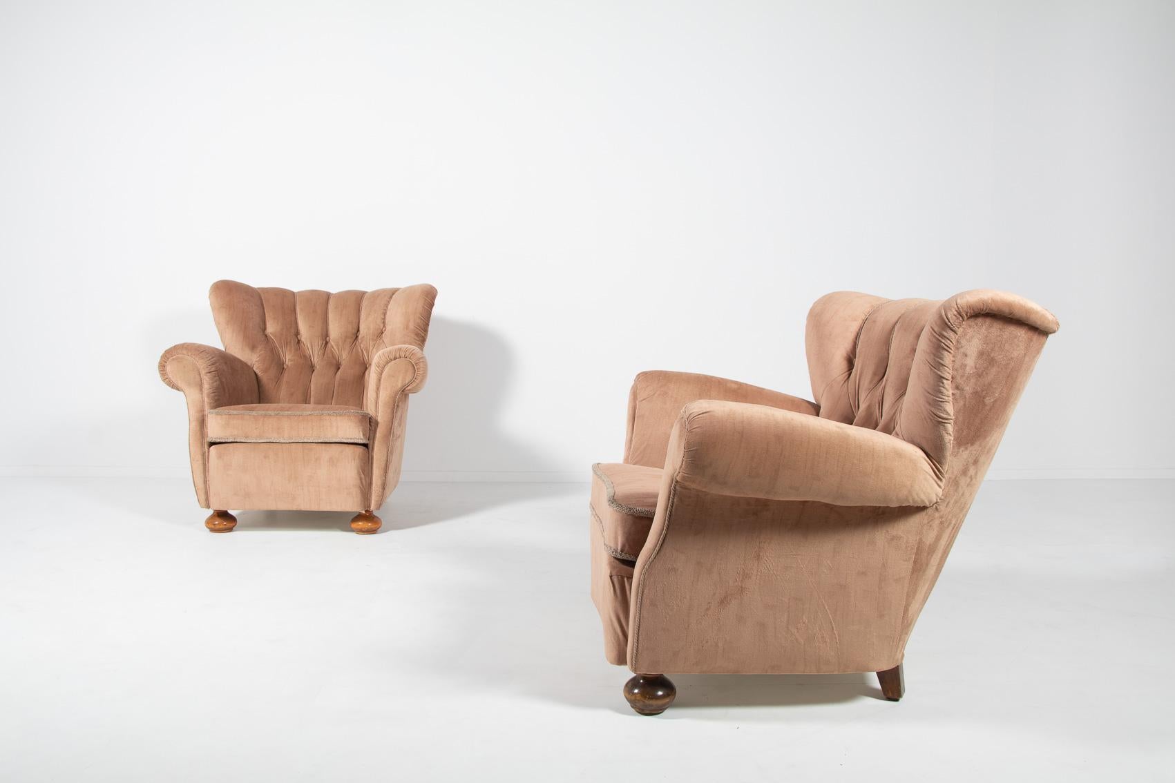 Swedish Modern lounge armchairs in velvet upholstery, 1950’s For Sale 4