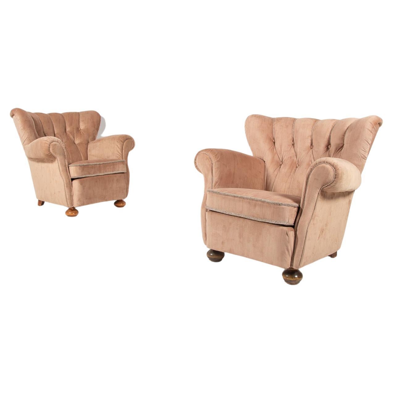 Swedish Modern lounge armchairs in velvet upholstery, 1950’s For Sale