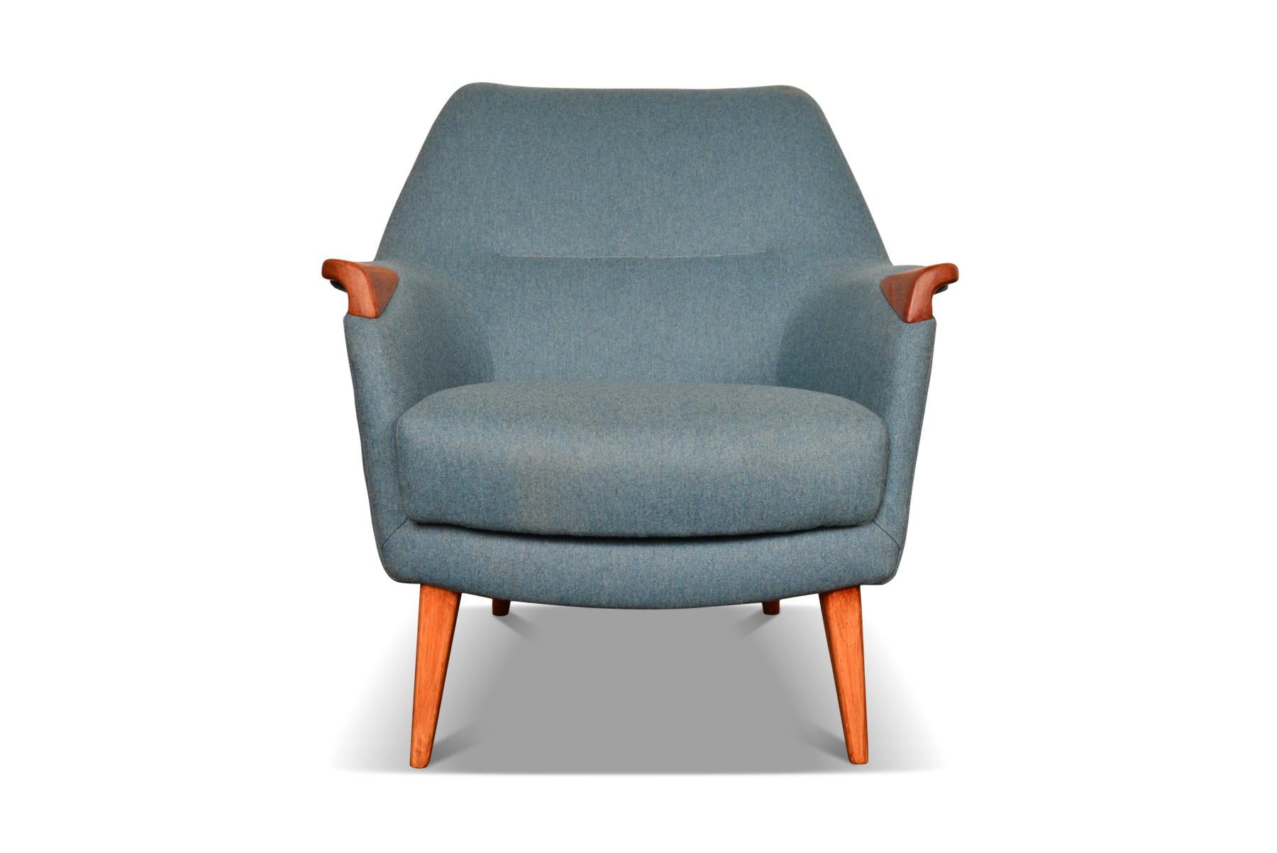 Origin: Sweden
Designer: Unknown
Manufacturer: Unknown
Era: 1960s
Materials: Stained beech, Wool
Measurements: 29″ wide x 29″ deep x 32.5″ tall
Seat: 15.5″ deep

Condition: Newly upholstered in teal Italian felted wool.  In excellent condition