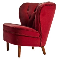 Swedish Modern Lounge Chair in Original Ruby Red Velvet, 1940s