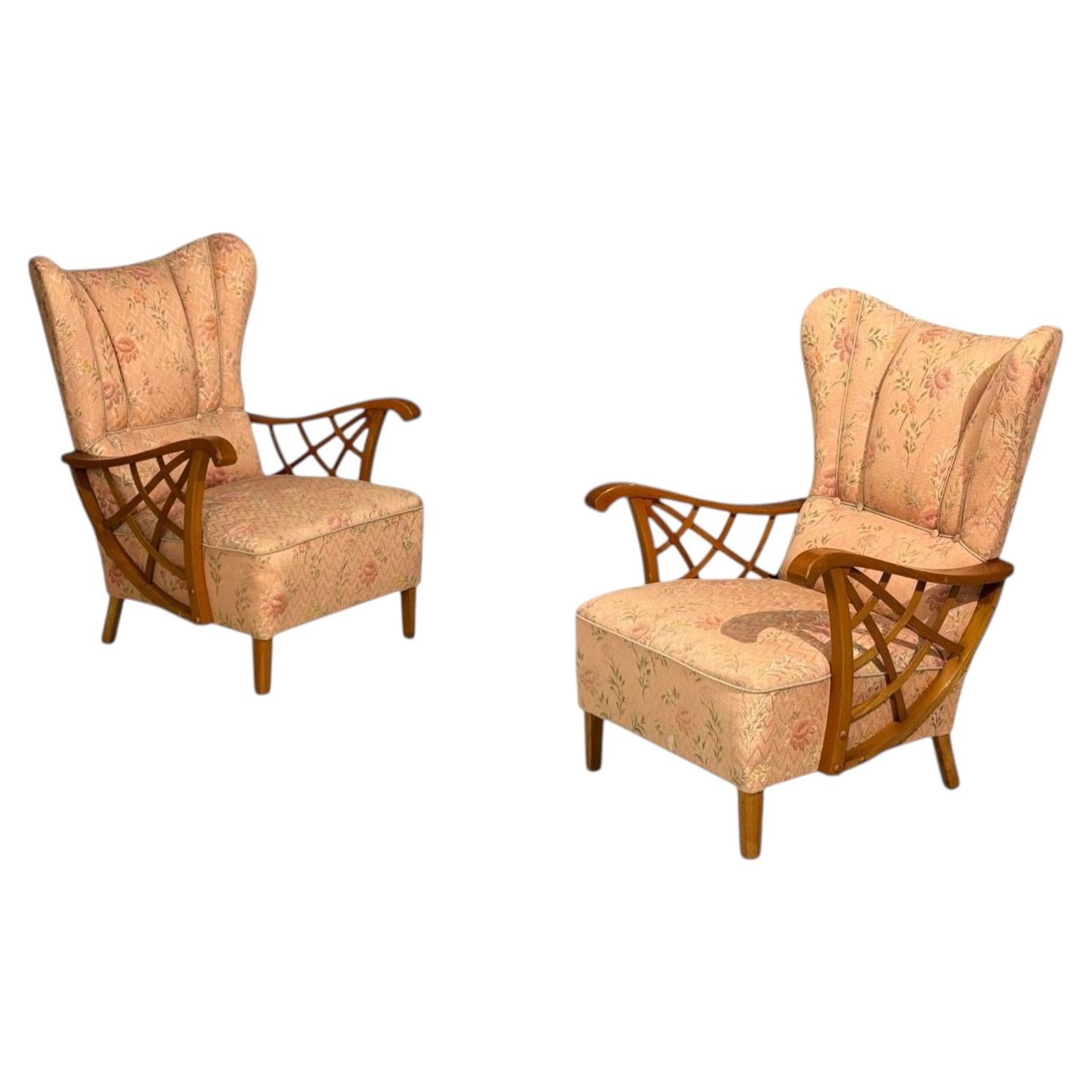 Swedish Modern, Lounge Chairs, Braided Wood, Fabric, Sweden, 1930s