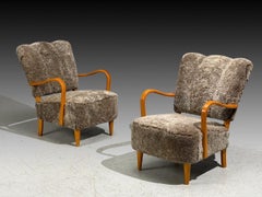 Swedish Modern, Lounge Chairs, Elm, Gray Shearling, Sweden, 1940s