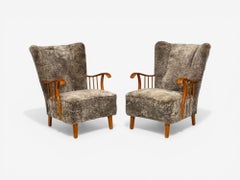 Swedish Modern, Lounge Chairs, Elm, Gray Shearling, Sweden, 1940s
