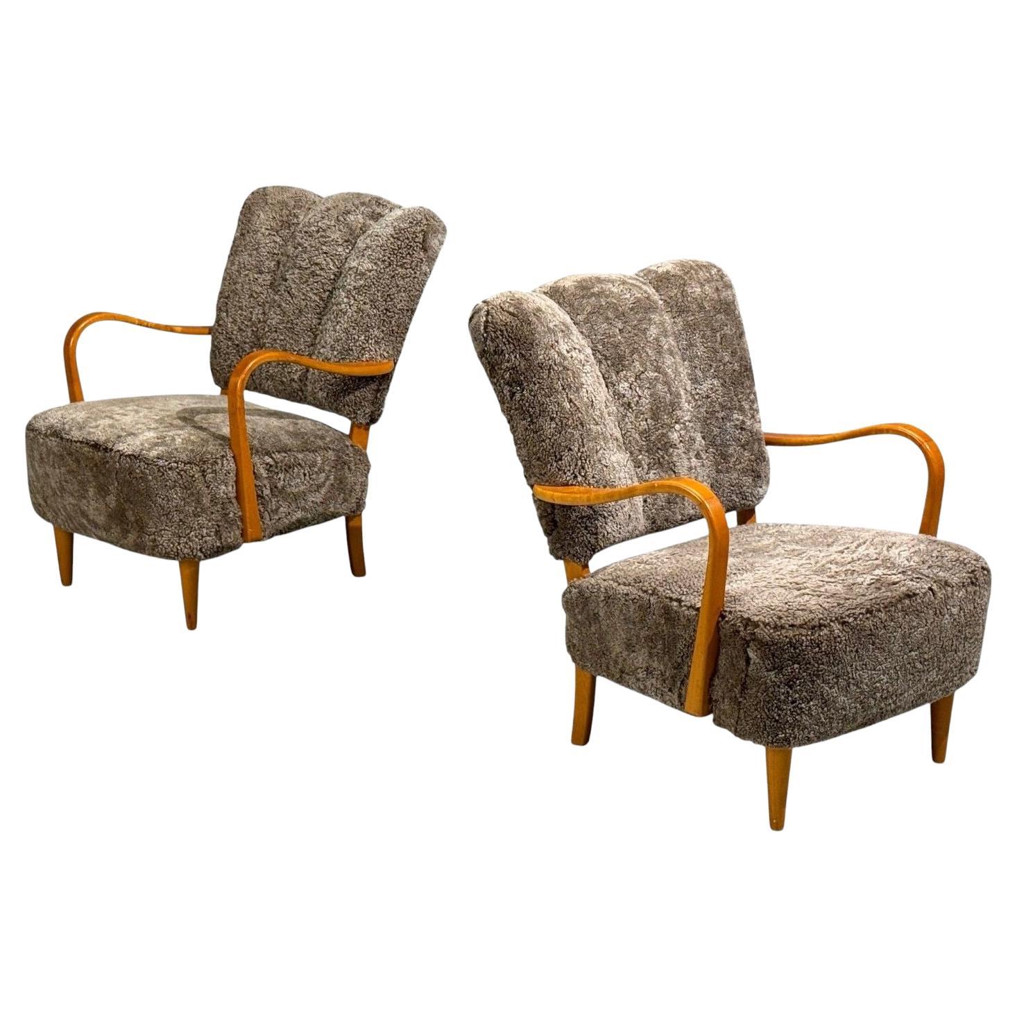 Swedish Modern, Lounge Chairs, Elm, Gray Shearling, Sweden, 1940s
