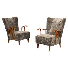 Swedish Modern, Lounge Chairs, Elm, Gray Shearling, Sweden, 1940s