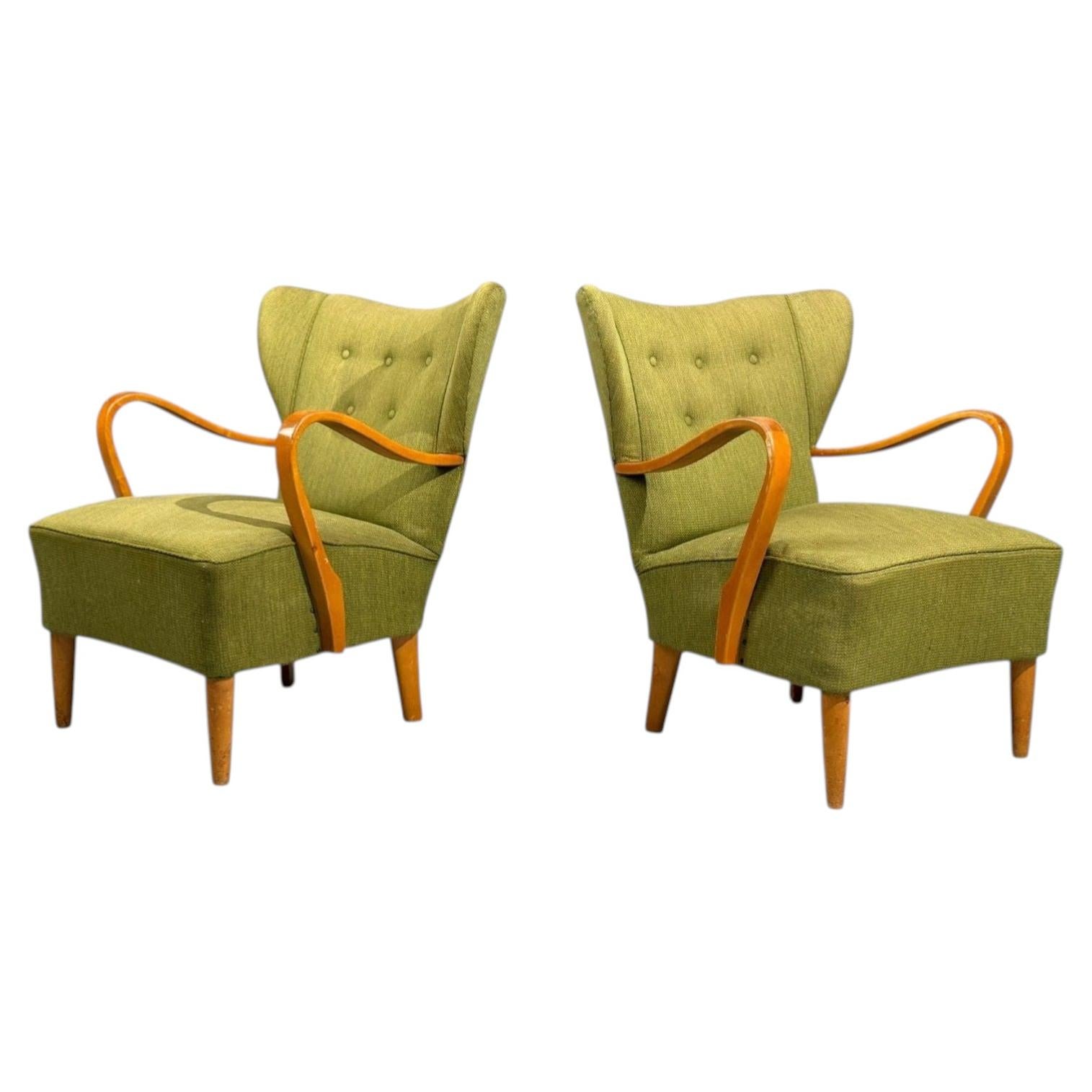 Schwedisch Modern, Loungesessel, Ulme, Grüner Stoff, Schweden, 1930er Jahre