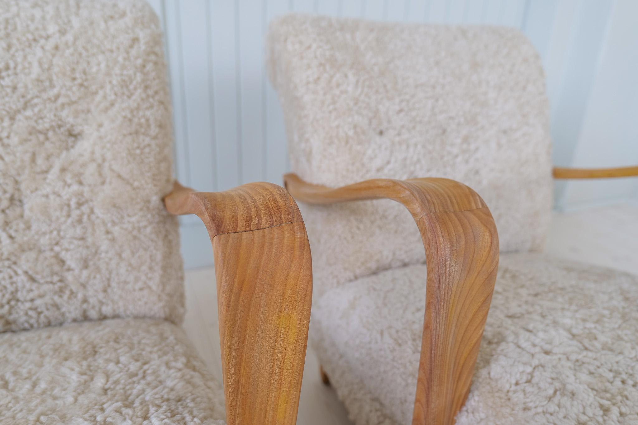 Swedish Modern Lounge Chairs in Shearling / Sheepskin and Elm, 1940s For Sale 2