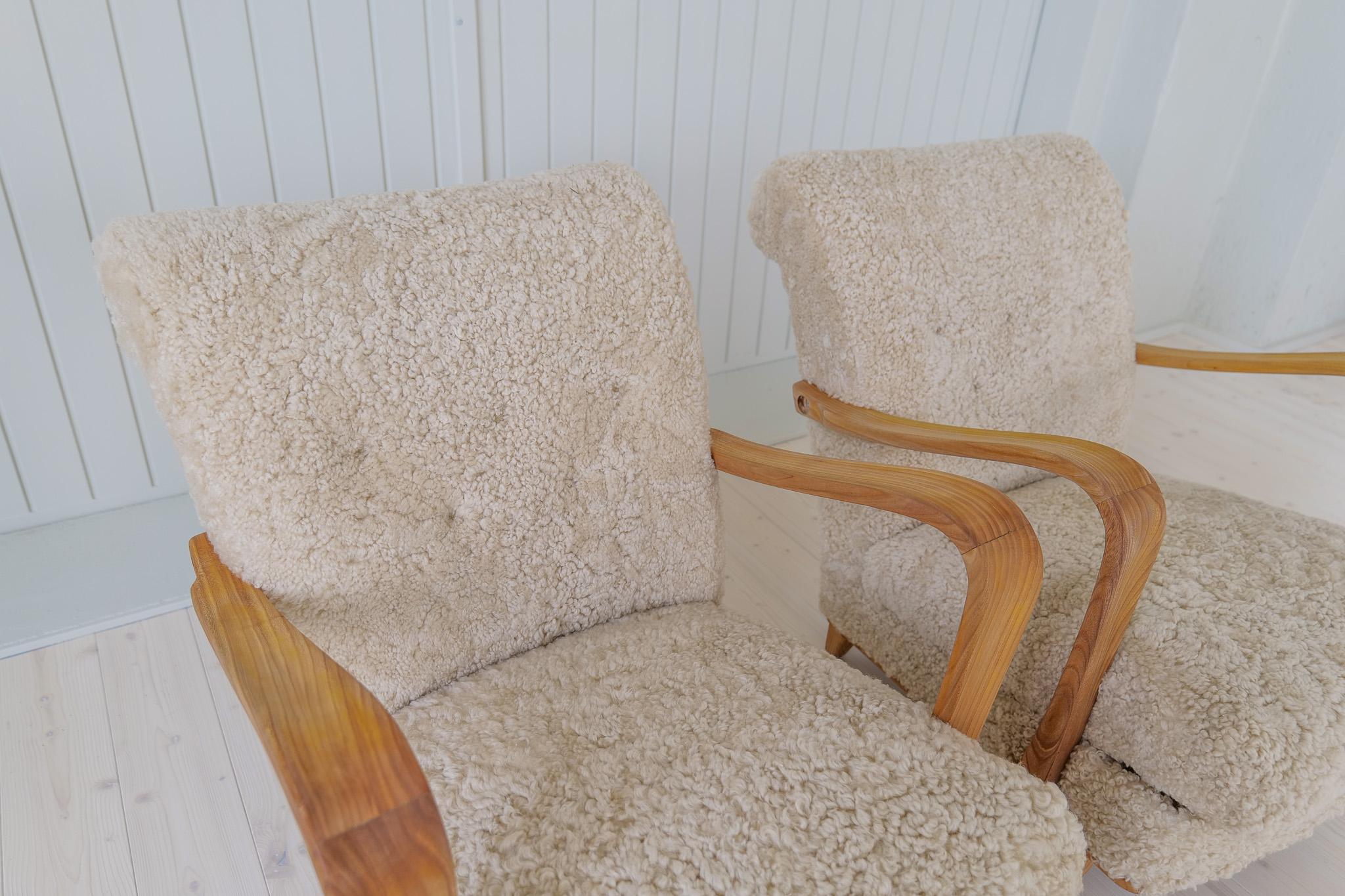 Swedish Modern Lounge Chairs in Shearling / Sheepskin and Elm, 1940s For Sale 3