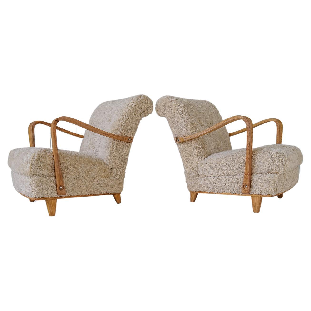 Swedish Modern Lounge Chairs in Shearling / Sheepskin and Elm, 1940s For Sale