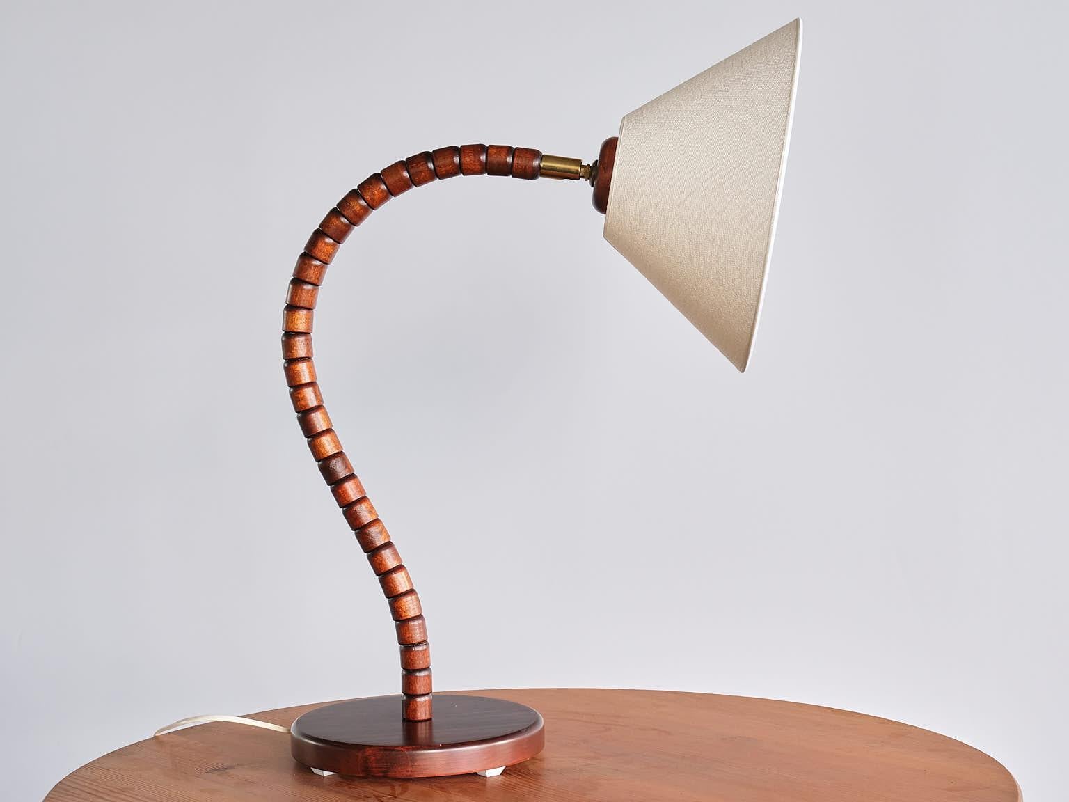 Swedish Modern Markslöjd Table Lamp in Beech, Brass, Linen, Sweden, 1970s 4