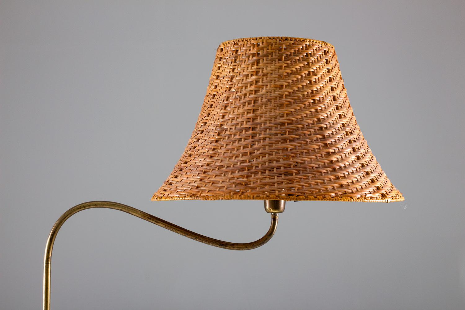 Scandinavian Modern Swedish Modern Midcentury Floor Lamp in Brass and Rattan, 1940s