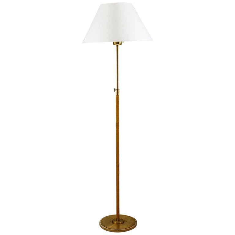 Swedish Modern Midcentury Floor Lamp In Brass And Rattan 1940s