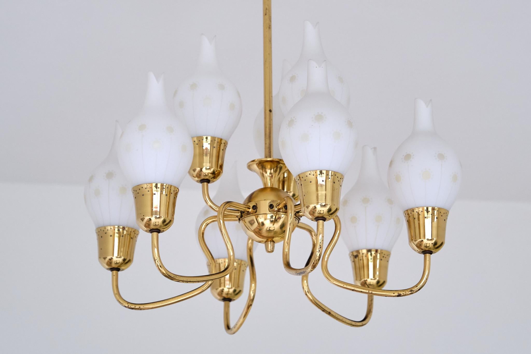 Swedish Modern Nine Arm Chandelier in Brass and Decorated Opal Glass, 1950s For Sale 5
