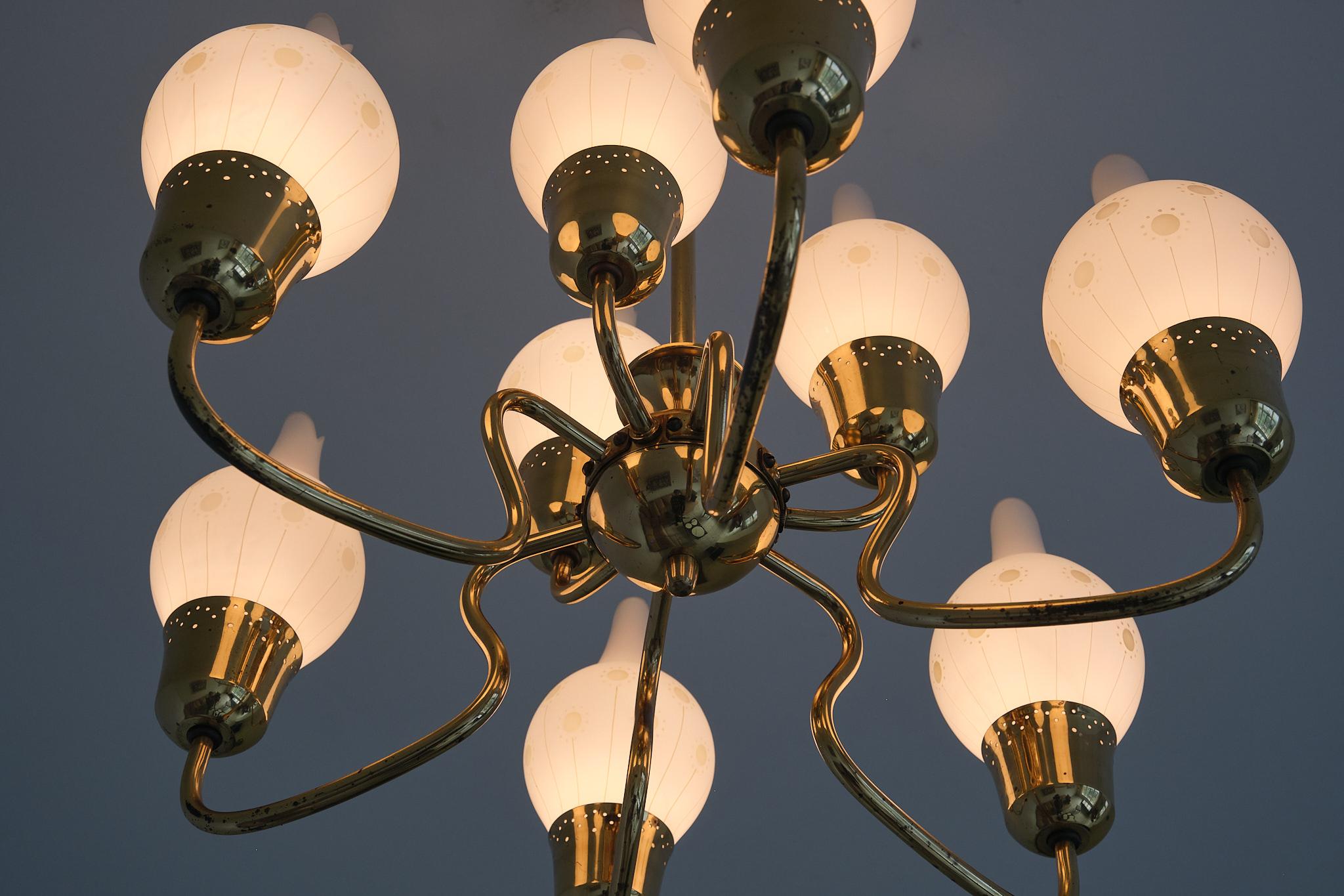 Swedish Modern Nine Arm Chandelier in Brass and Decorated Opal Glass, 1950s For Sale 6