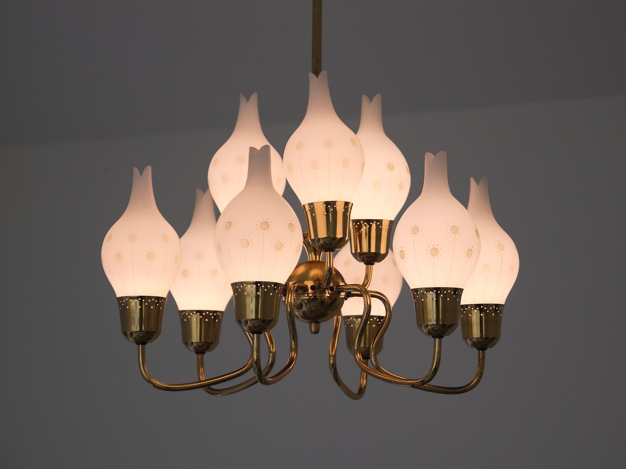 Swedish Modern Nine Arm Chandelier in Brass and Decorated Opal Glass, 1950s For Sale 7