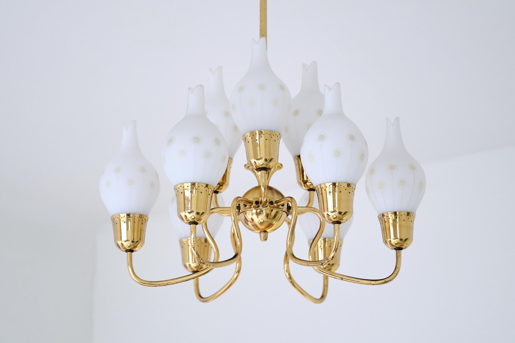 Swedish Modern Nine Arm Chandelier in Brass and Decorated Opal Glass, 1950s For Sale 8