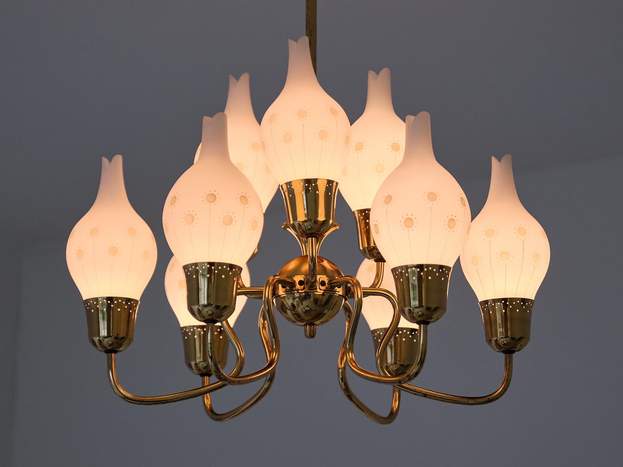 Swedish Modern Nine Arm Chandelier in Brass and Decorated Opal Glass, 1950s For Sale 9