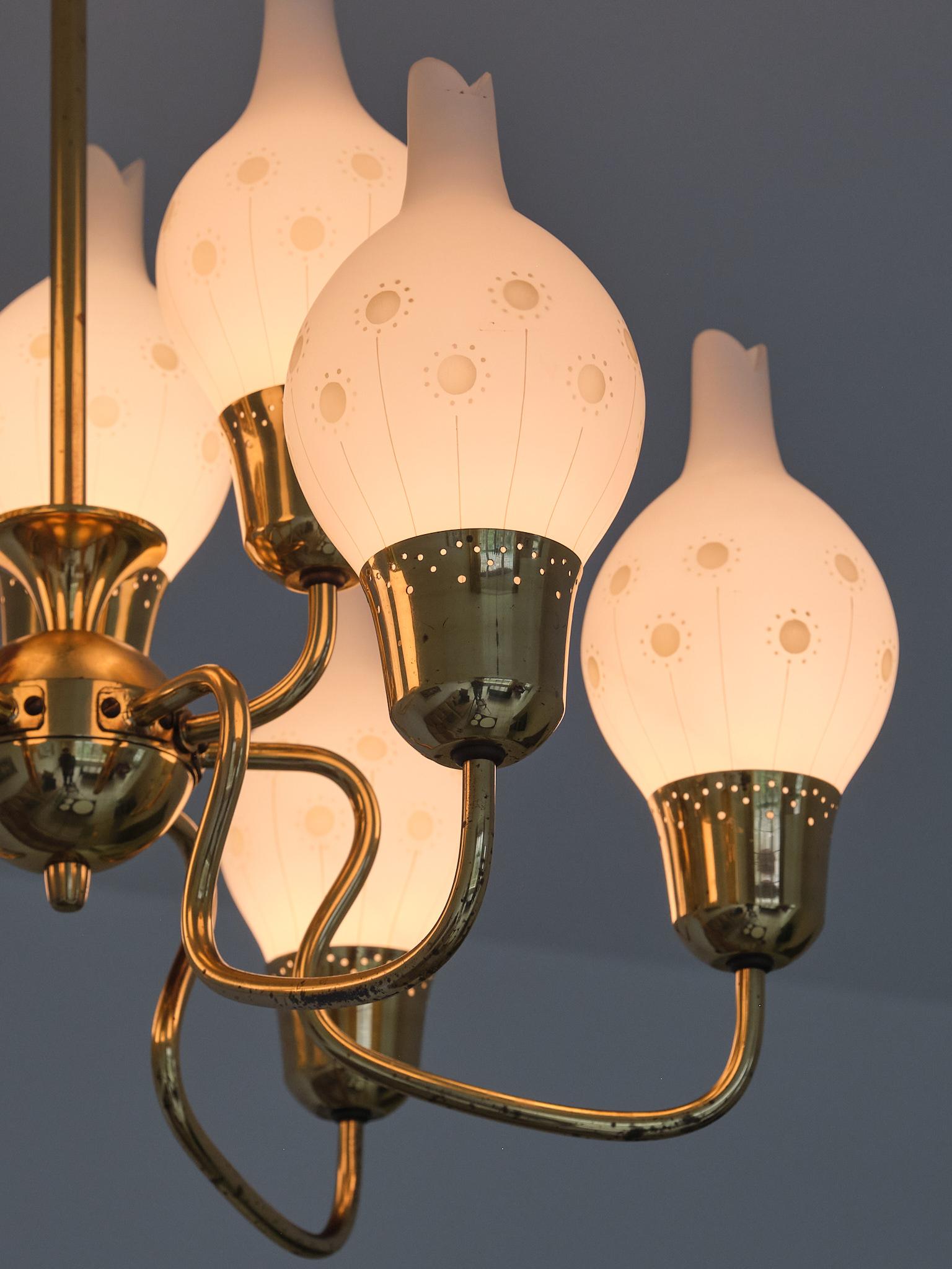 Swedish Modern Nine Arm Chandelier in Brass and Decorated Opal Glass, 1950s For Sale 10