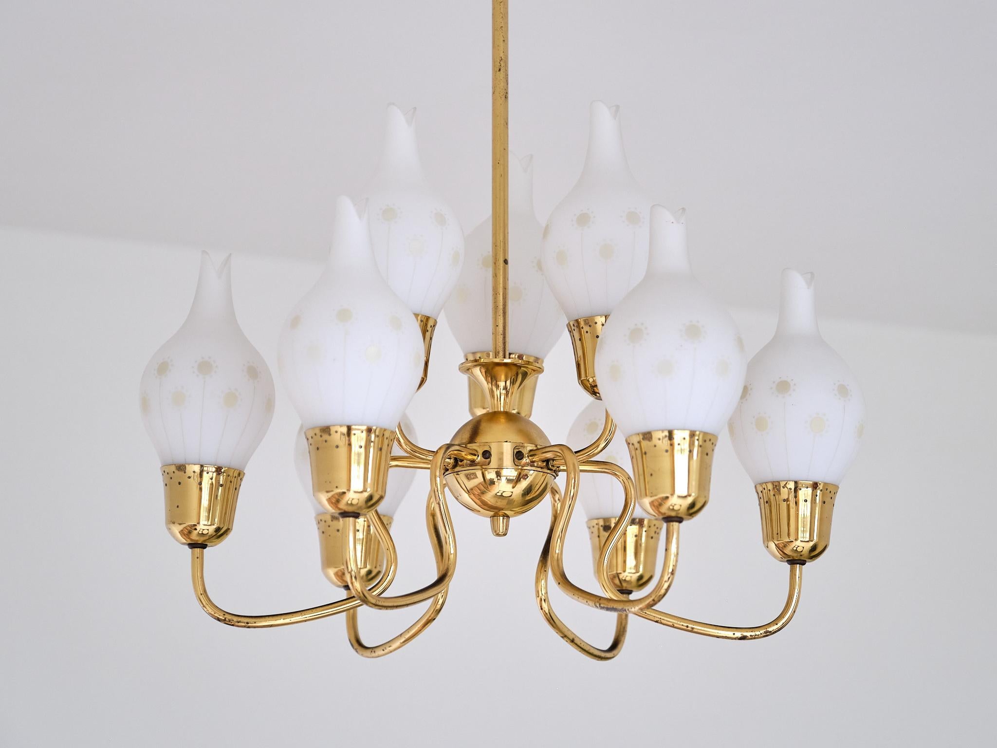 Swedish Modern Nine Arm Chandelier in Brass and Decorated Opal Glass, 1950s For Sale 11