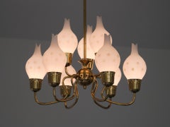 Swedish Modern Nine Arm Chandelier in Brass and Decorated Opal Glass, 1950s