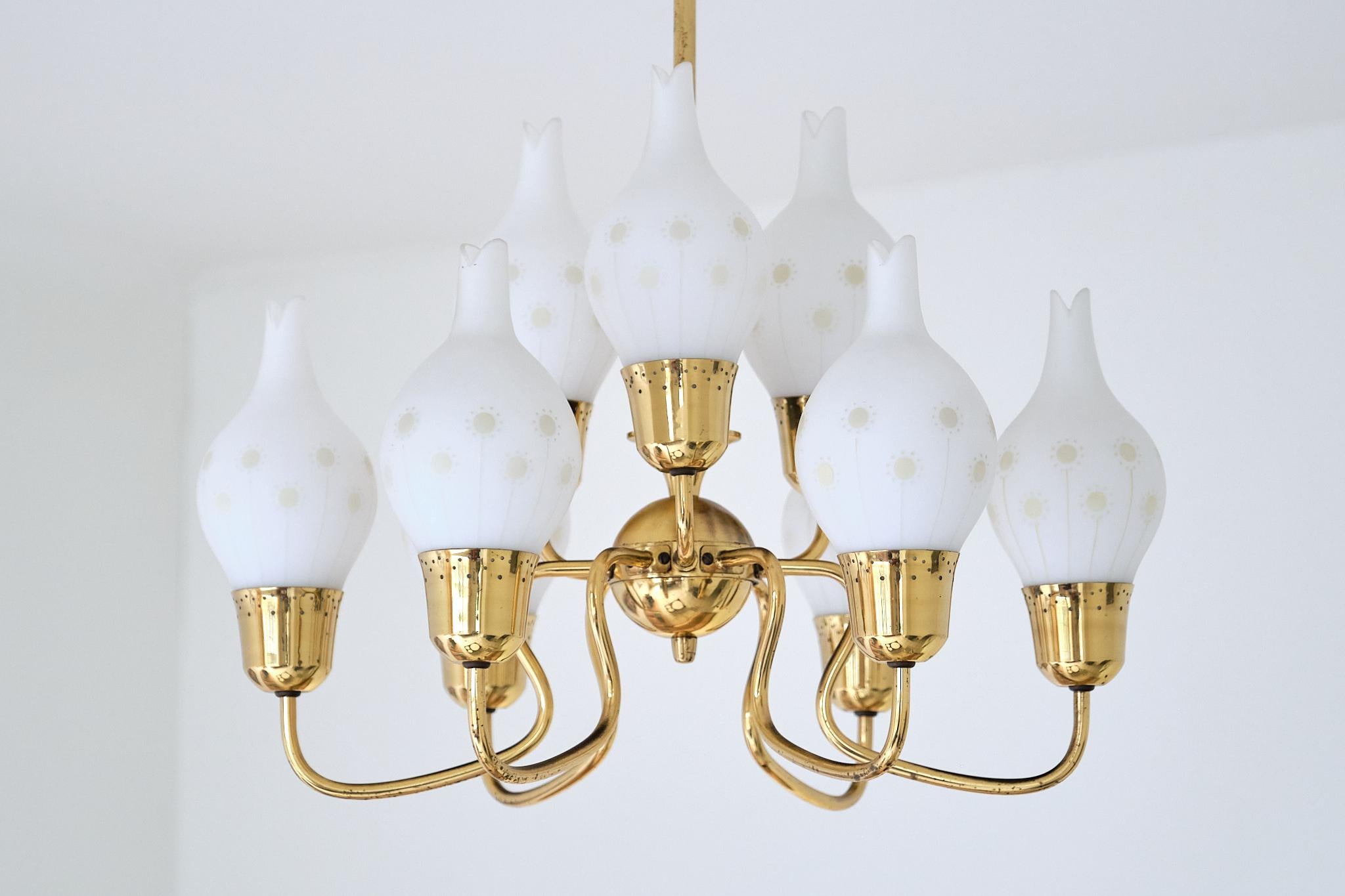 Scandinavian Modern Swedish Modern Nine Arm Chandelier in Brass and Decorated Opal Glass, 1950s For Sale
