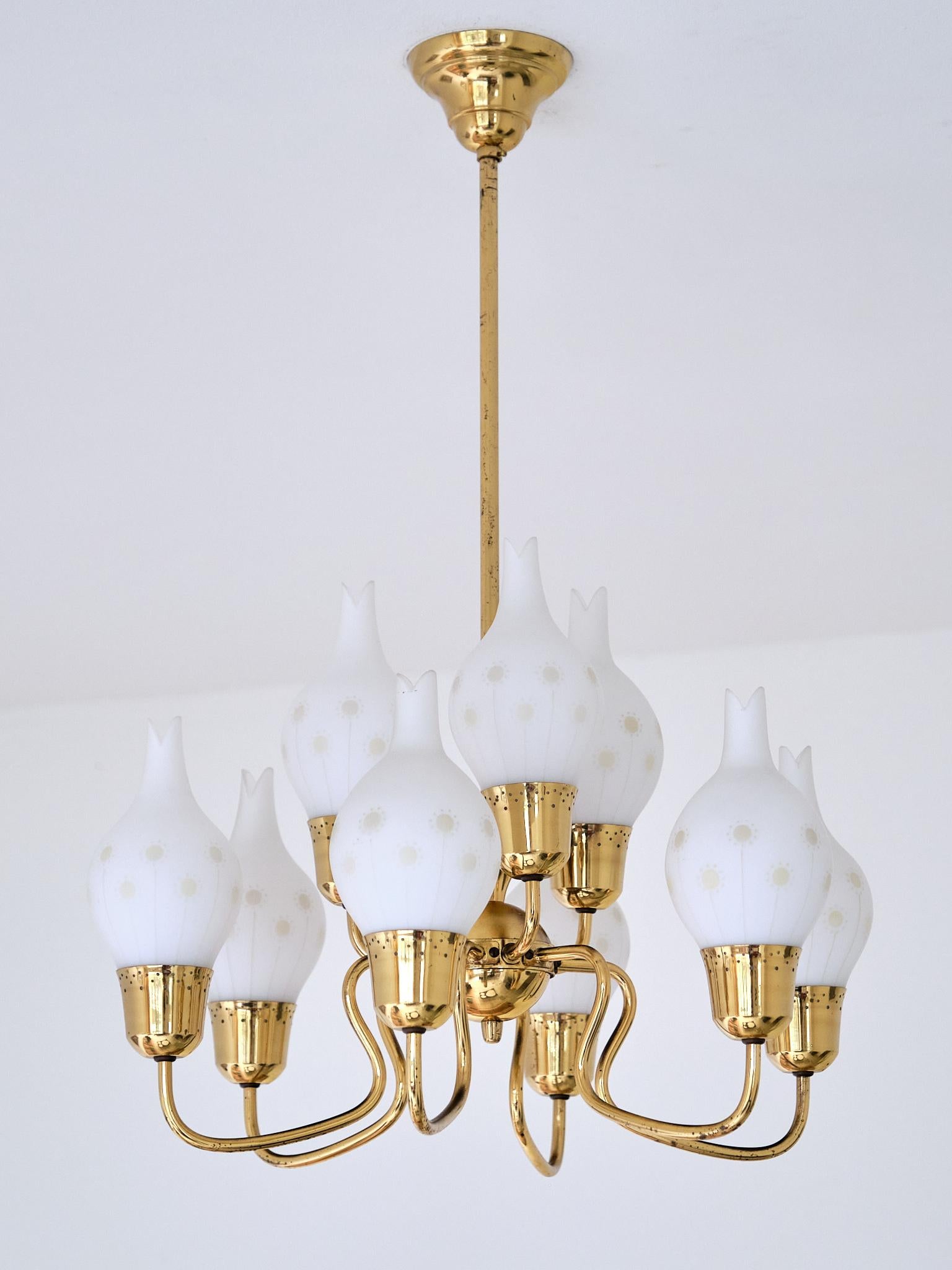 Mid-20th Century Swedish Modern Nine Arm Chandelier in Brass and Decorated Opal Glass, 1950s For Sale