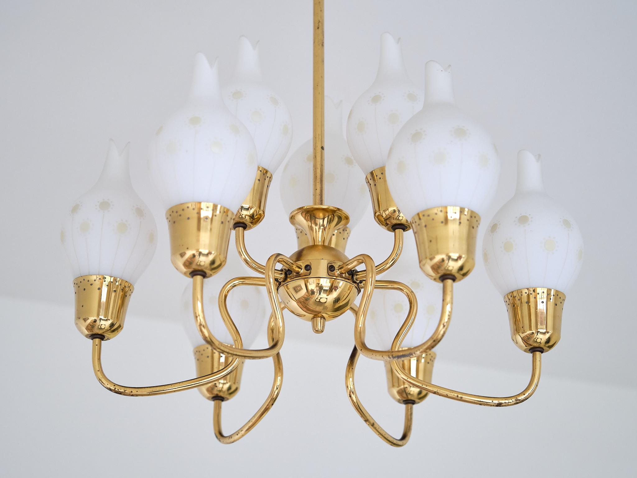 Swedish Modern Nine Arm Chandelier in Brass and Decorated Opal Glass, 1950s For Sale 1