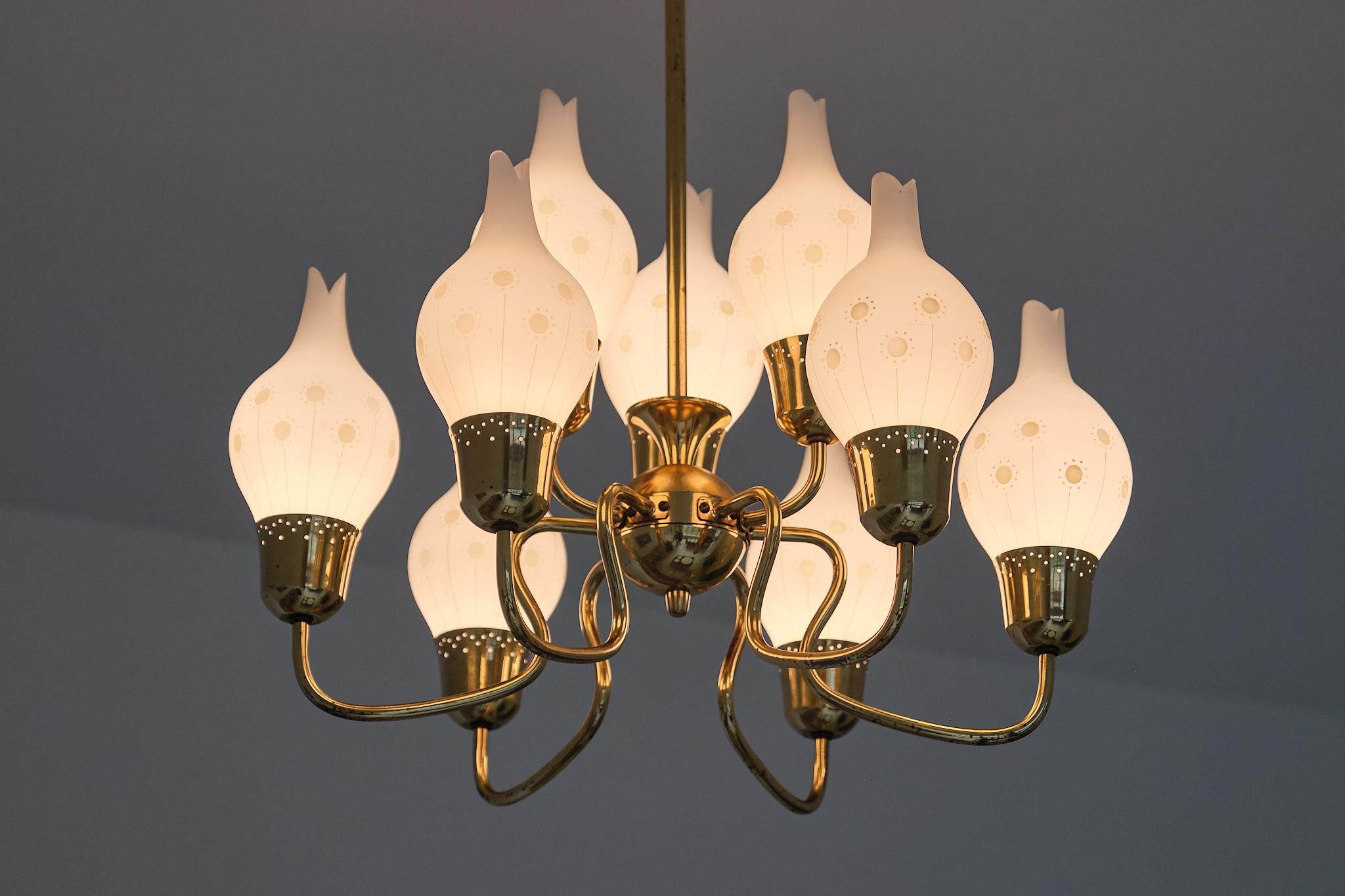 Swedish Modern Nine Arm Chandelier in Brass and Decorated Opal Glass, 1950s For Sale 2