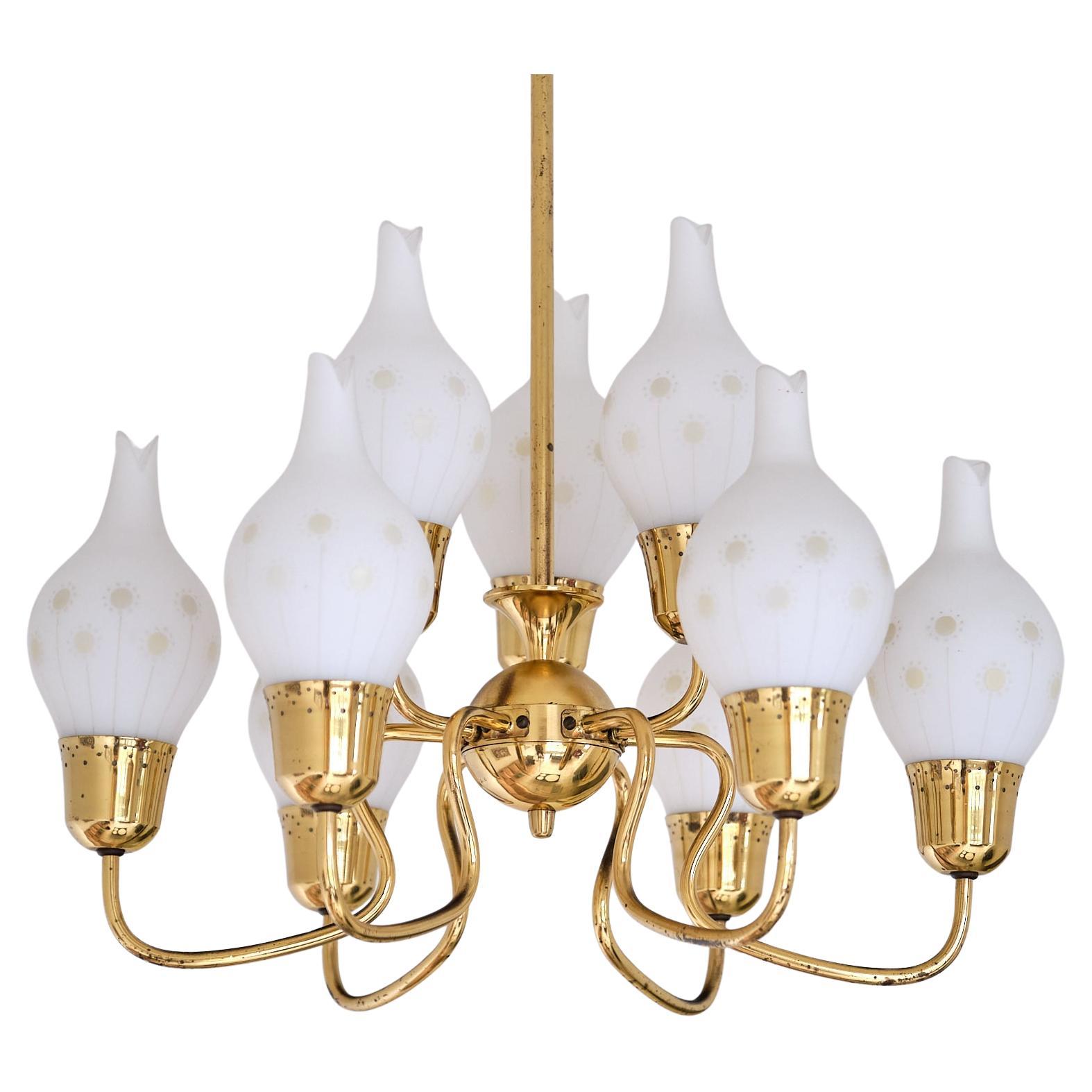 Swedish Modern Nine Arm Chandelier in Brass and Decorated Opal Glass, 1950s