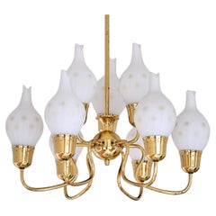Swedish Modern Nine Arm Chandelier in Brass and Decorated Opal Glass, 1950s