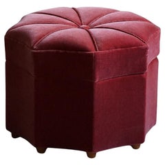 Swedish Modern, Octagon Shaped Vintage Pouf/Stool in a Pink Velour, 1940s