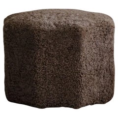 Swedish Modern, Octagon Shaped Vintage Pouf/Stool in Shearling Lambswool, 1940s