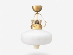 Swedish Modern, Opal Glass, Patinated Brass, Pendant Light, Sweden, 1940s