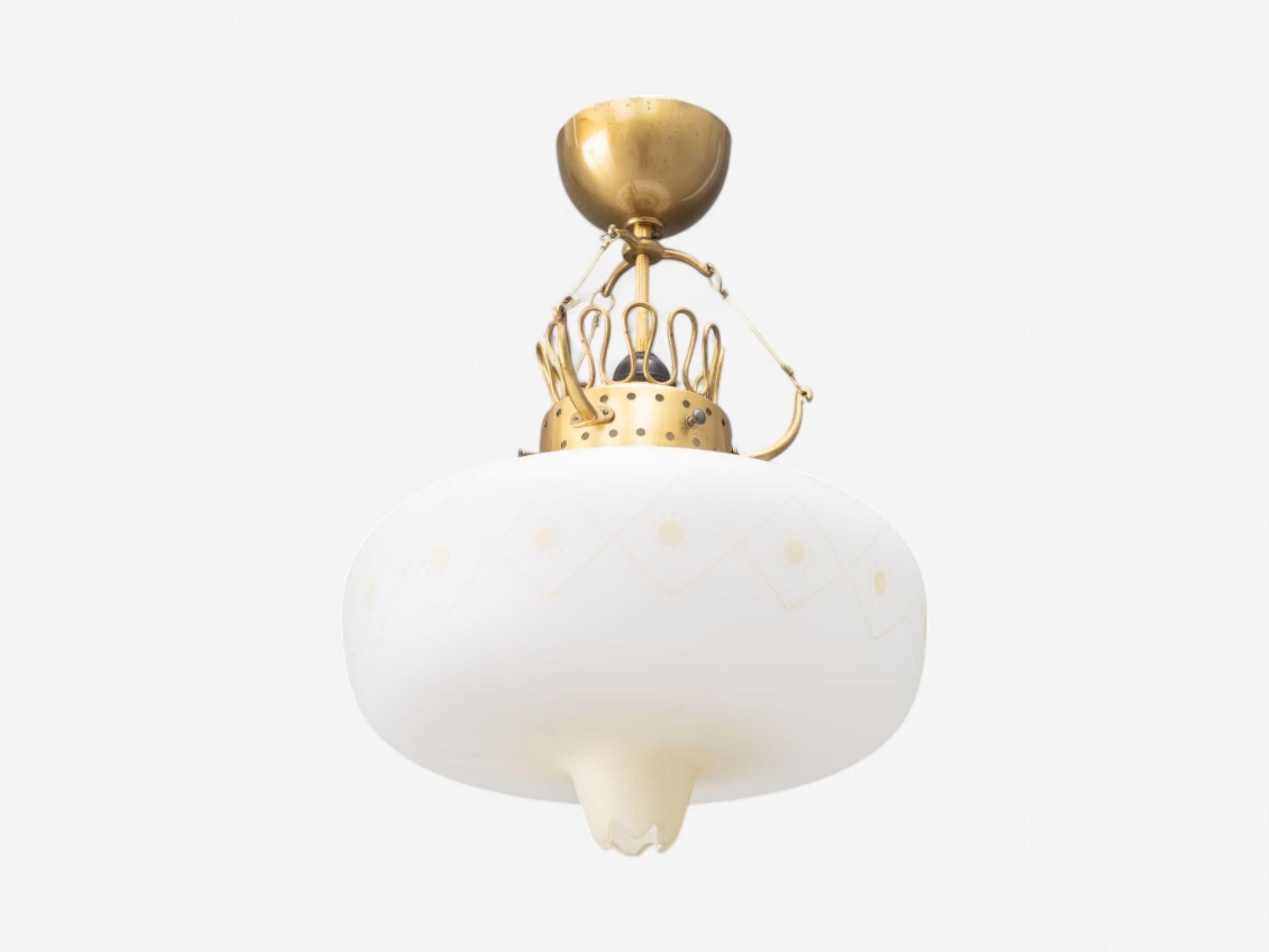 Swedish Modern, Opal Glass, Patinated Brass, Pendant Light, Sweden, 1940s In Good Condition For Sale In Manhasset, NY