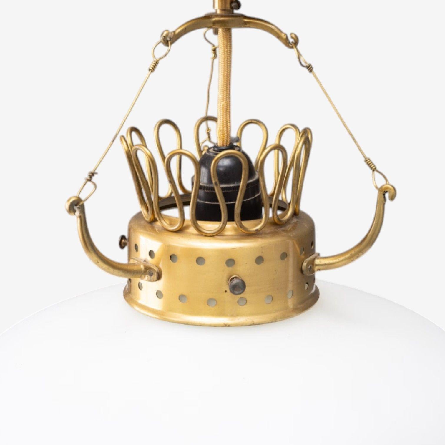 Mid-20th Century Swedish Modern, Opal Glass, Patinated Brass, Pendant Light, Sweden, 1940s For Sale