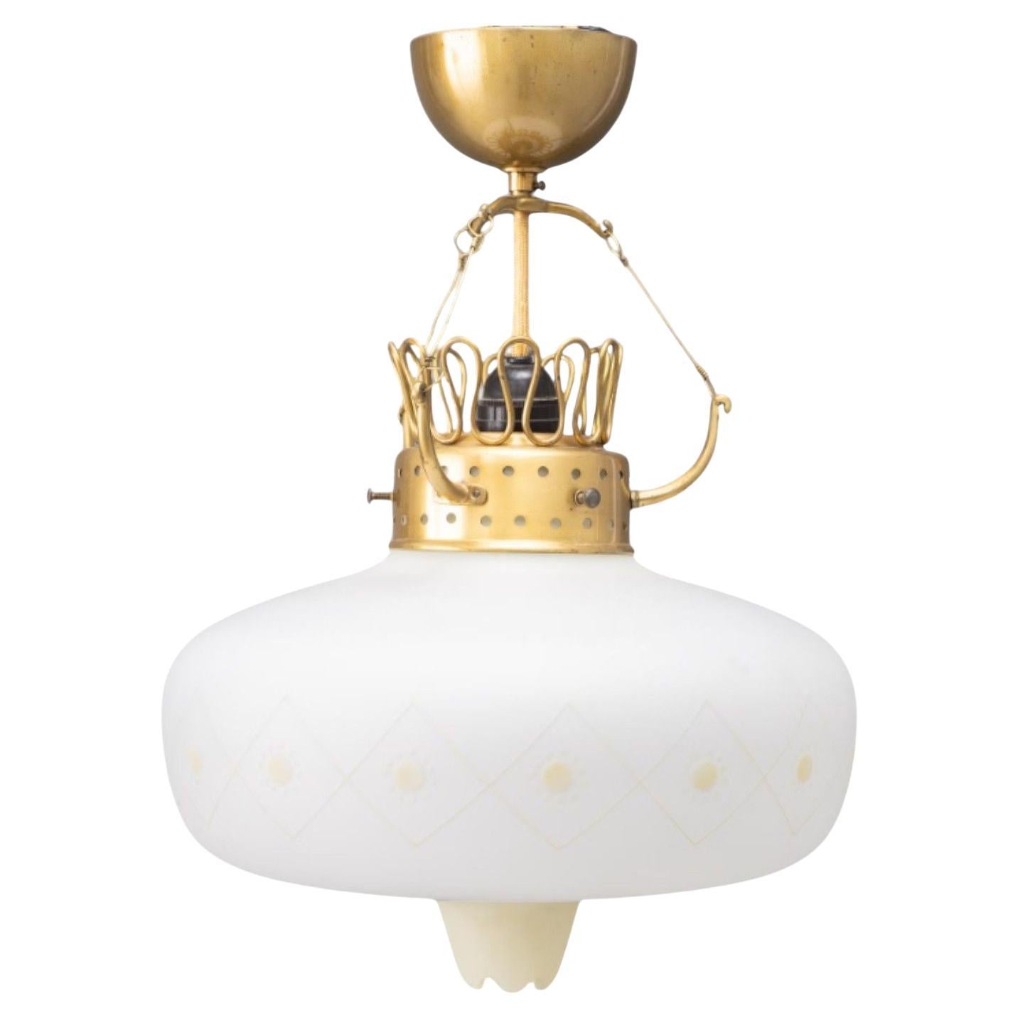 Swedish Modern, Opal Glass, Patinated Brass, Pendant Light, Sweden, 1940s